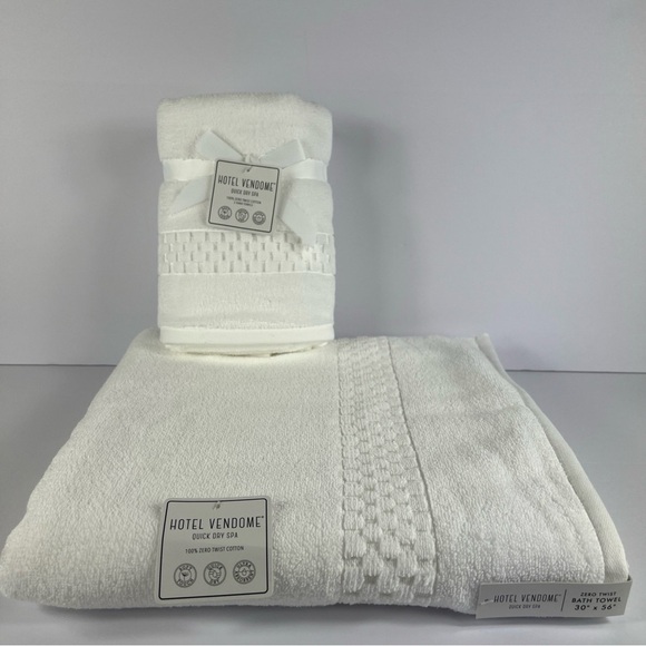 Hotel Vendome Bath Towel Set Luxury Cotton White 3 Pc Set Quick Dry Plush NEW - Picture 3 of 9